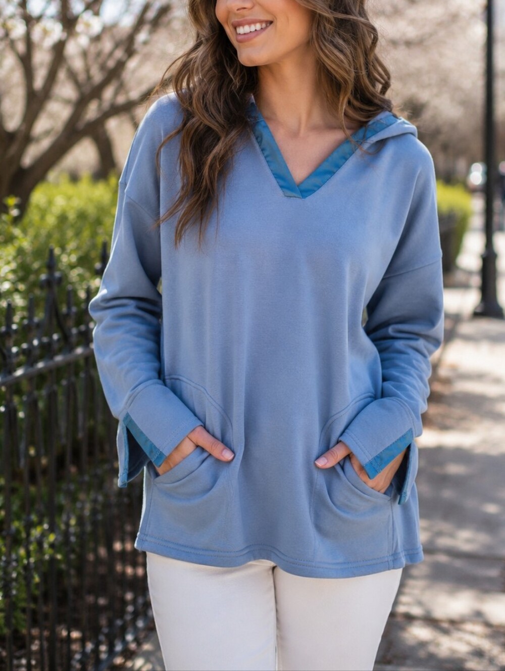 FDJ Blue Satin Trim Hooded Sweatshirt Cozy Stretch Pullover NWT Soft Luxe Lounge